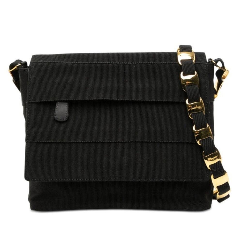 Salvatore Ferragamo Canvas Leather Vara Chain Shoulder Bag Black